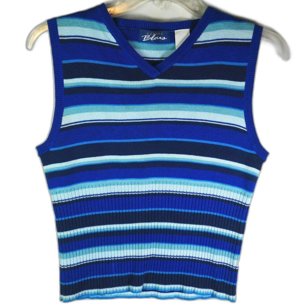 Express Bleus Women's Size M Sleeveless Knit Striped Blue Black Top V Ne…